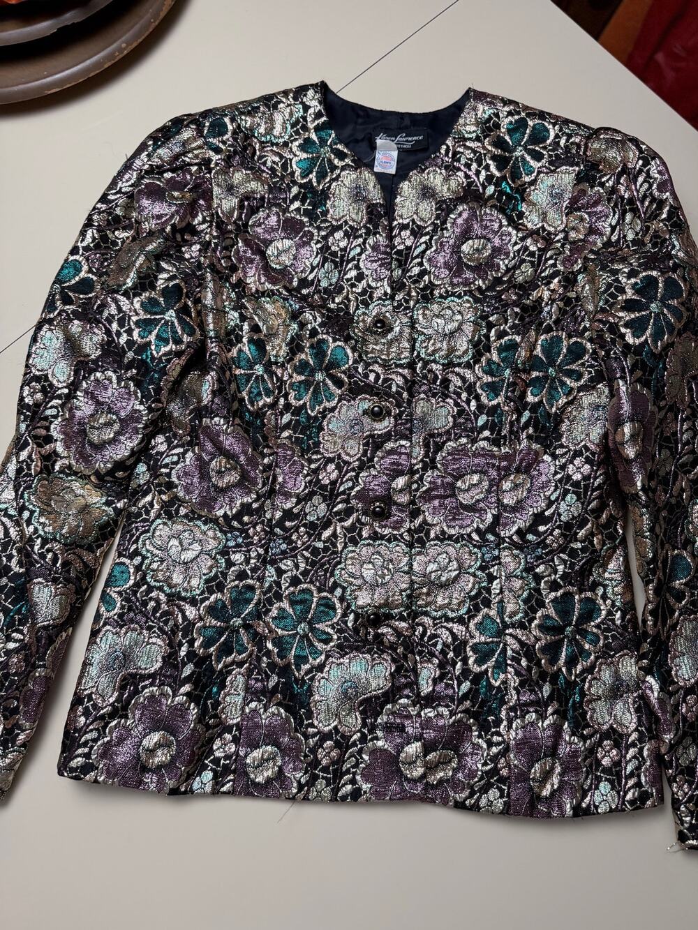 Vintage 80s Karen Lawrence Metallic Floral Brocade Evening Jacket Size 12 USA